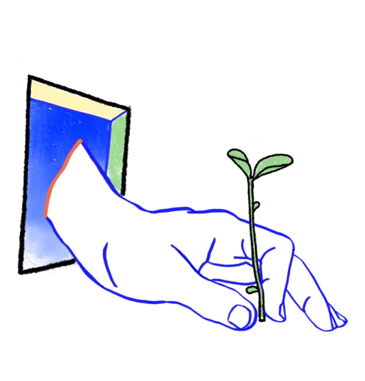 Illustrated hand supporting a growing plant