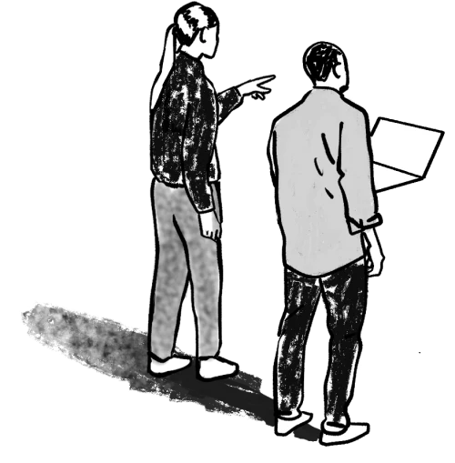 Illustration of two people discussing a question