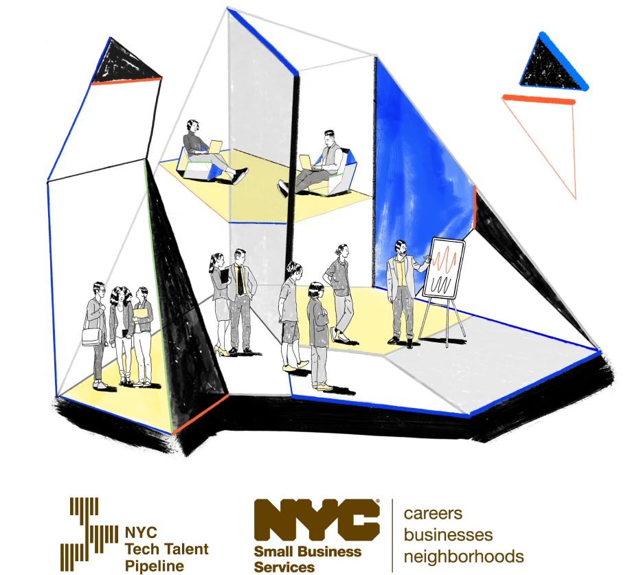 Future Code learners in an illustrated engineering environment with NYC program partner marks
