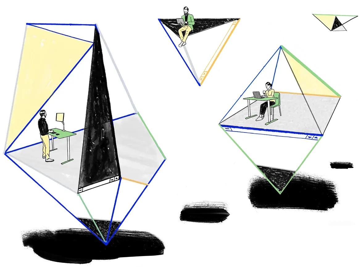 Illustration of learners studying together on floating platforms