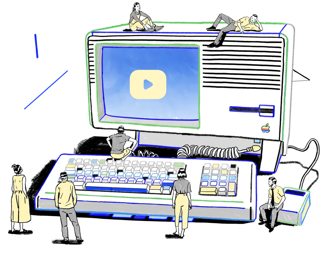 Illustration of tiny engineers building and exploring a giant retro computer